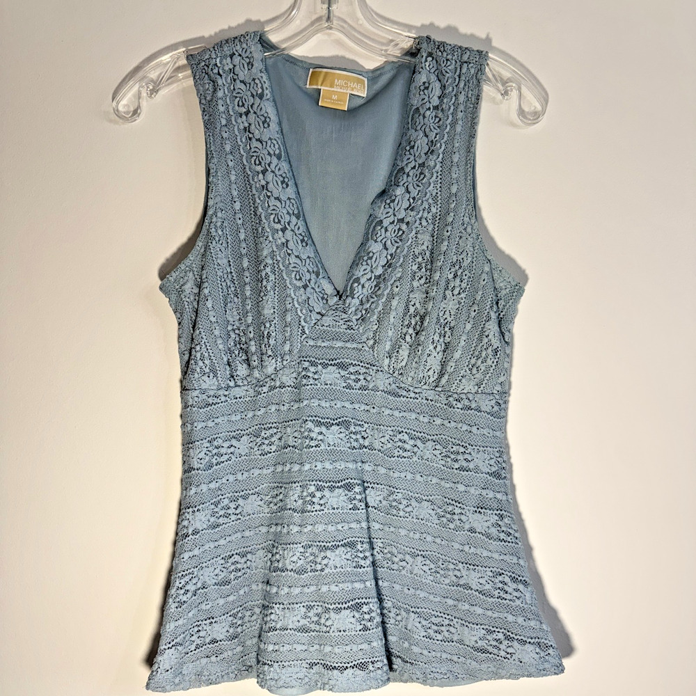 Michael Kors Lace‎ V-Neck Sleeveless Peplum Top Womens Size M Blue Romantic Boho